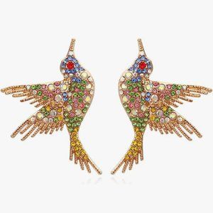Multicolor Bird Rhinestone Earrings Gold Hummingbird CZ Pave Crystal Birds Posts